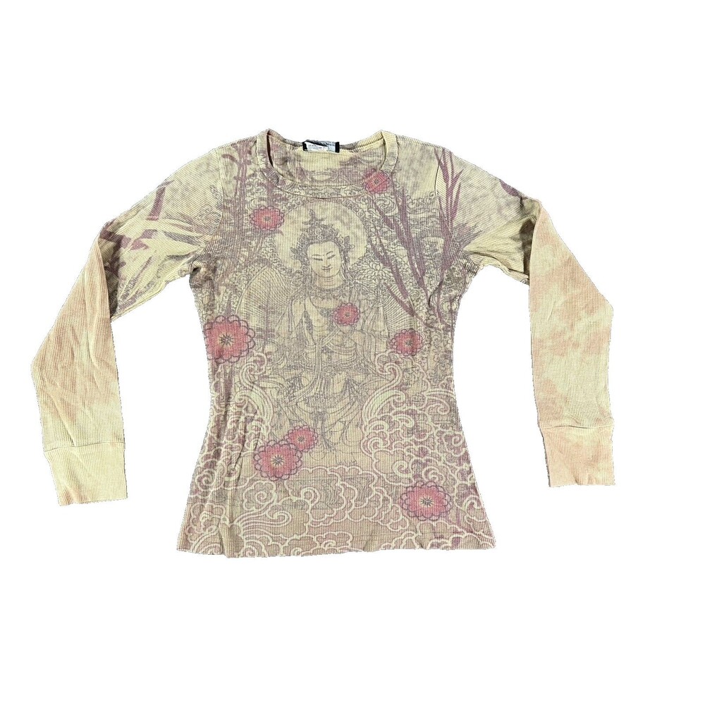 Self Esteem Vintage Women's Gold Long Sleeve Waffle Knit Thermal Shirt Large